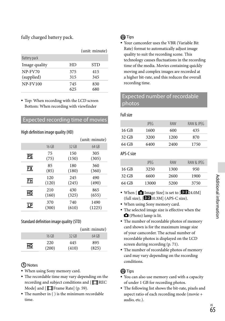 65). d, Expected number of recordable photos, Expected recording time of movies | Sony NEX-VG900 User Manual | Page 65 / 151