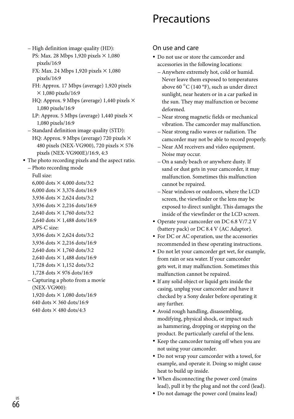 Precautions, On use and care | Sony NEX-VG900 User Manual | Page 66 / 151