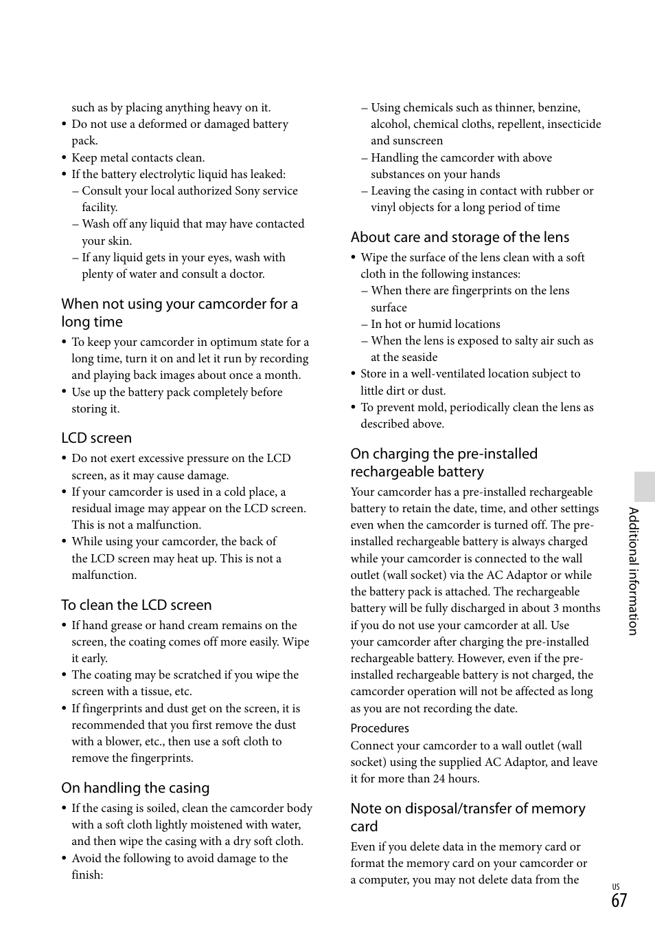 About care and storage of the lens, On charging the pre-installed rechargeable battery, When not using your camcorder for a long time | Lcd screen, On handling the casing | Sony NEX-VG900 User Manual | Page 67 / 151