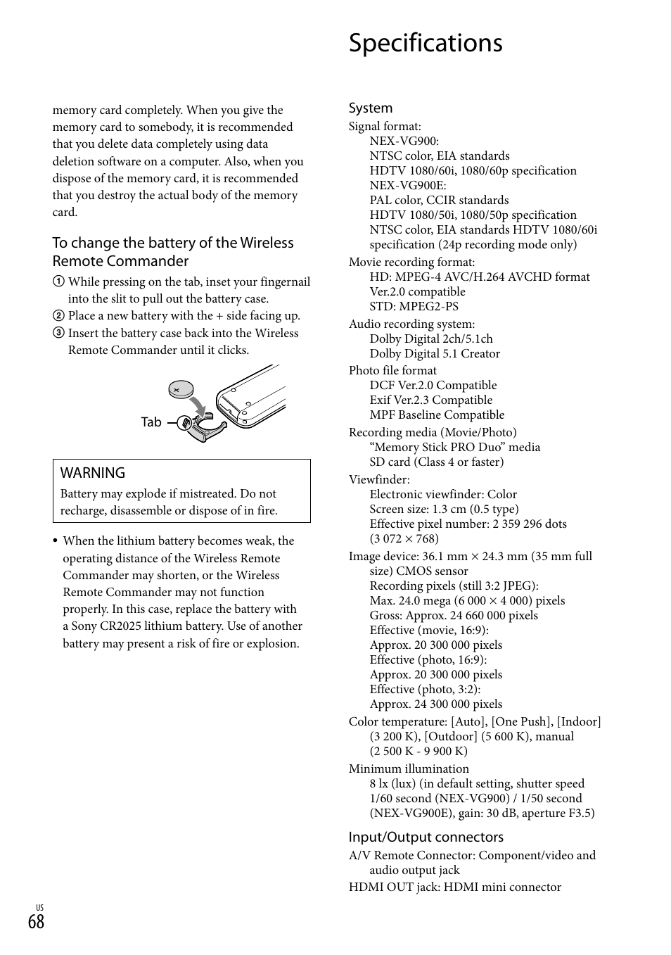 Specifications, Warning | Sony NEX-VG900 User Manual | Page 68 / 151