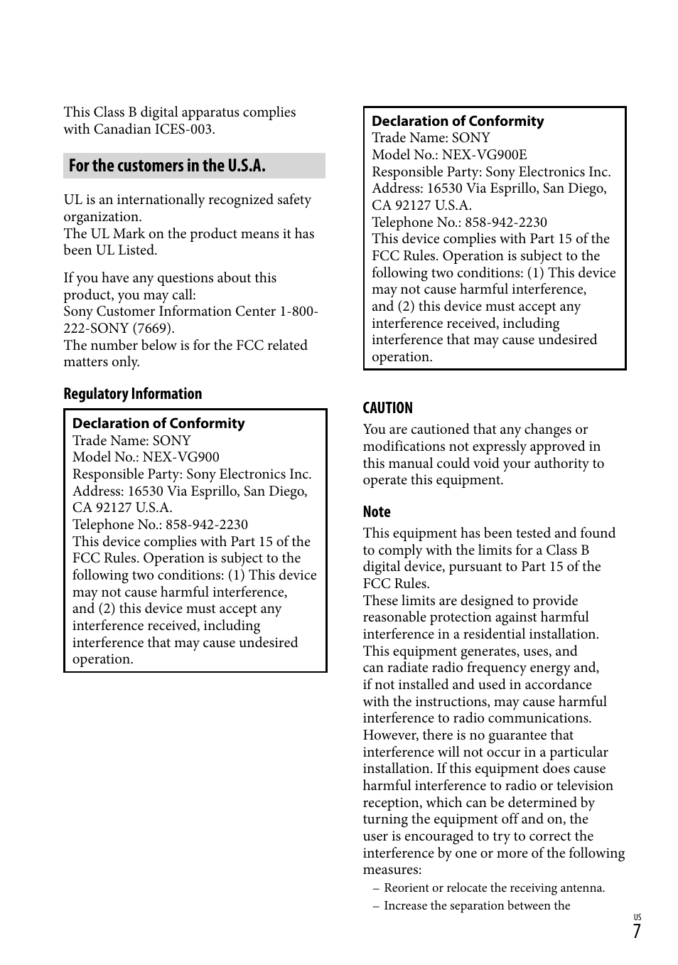 For the customers in the u.s.a | Sony NEX-VG900 User Manual | Page 7 / 151