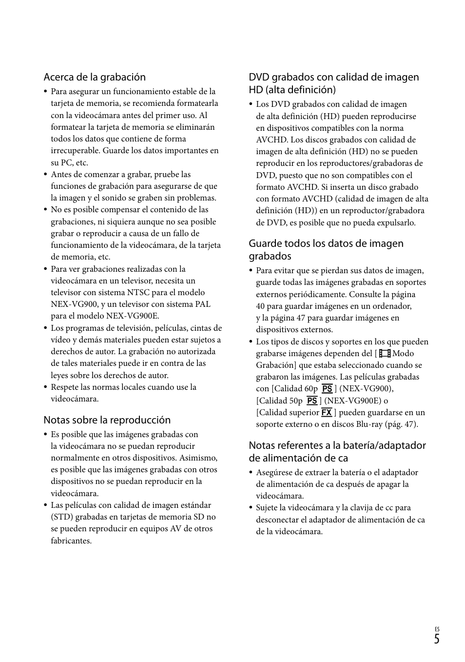 Acerca de la grabación, Notas sobre la reproducción, Guarde todos los datos de imagen grabados | Sony NEX-VG900 User Manual | Page 81 / 151