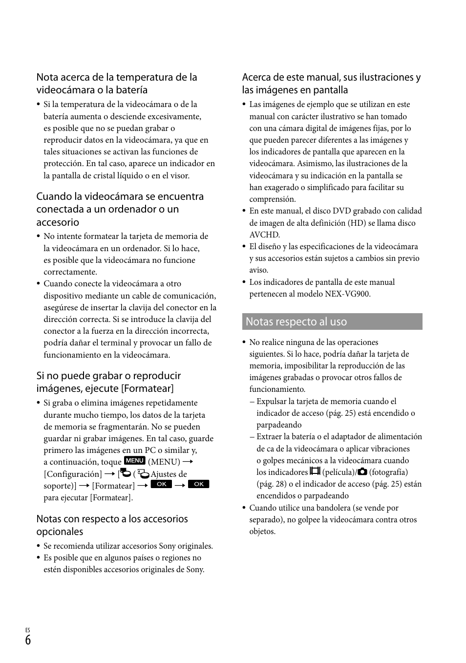 Notas respecto al uso, Notas con respecto a los accesorios opcionales | Sony NEX-VG900 User Manual | Page 82 / 151