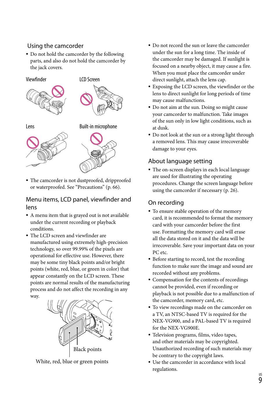 Using the camcorder, Menu items, lcd panel, viewfinder and lens, About language setting | On recording | Sony NEX-VG900 User Manual | Page 9 / 151