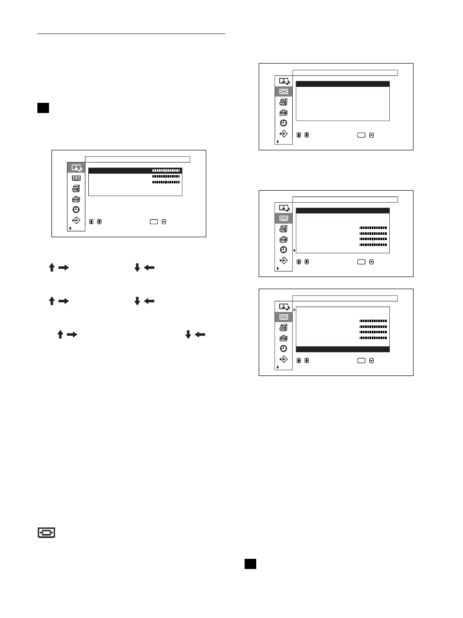 Screen control（画面控制）菜单, Adjust sound（调节声音）菜单, Reset（复位） 将 sound adijust（声音调节）菜单项目恢复其出 厂设定 | Menu function（菜单功能）设为“return” （返回）时, Wide mode（变焦模式） 切换宽屏幕显示以符合图像的尺寸和类型, Screen zoom（屏幕画面变焦） 依次将图像放大 2 倍、3 倍和 4 倍, 仅在 wide mode（宽屏幕模式）设为“restore” 时才能扩大, 有关详细说明，请参见第 36 页上的“surround（环绕 声, 有关详细说明，请参见第 32 页上的“设定自动宽屏幕, 有关详细说明，请参见第 33 页上的“设定宽屏幕模式 | Sony PFM-32C1 User Manual | Page 314 / 348