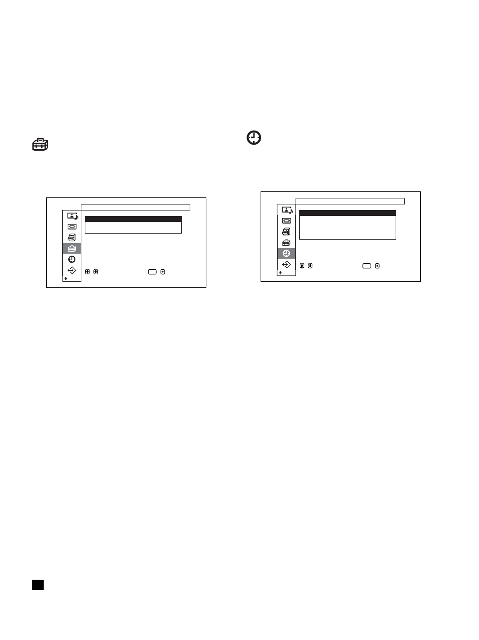 Timer/clock（定时器／时钟）菜单, Initial setup（初始设定）菜单, 设定时刻和定时器，显示时间或设定何时电源自动 打开或关闭 | Clock set（时钟设定） 设定时间, Clock display（时钟显示） 设为启动时在屏幕上显示设定时间, On/off timer（开／关定时器） 设定电源自动打开或关闭的时间, Auto shutoff（自动关机） 显示器在预定的时间内未输入信号时会自动关闭电 源, 选择菜单显示的语言或信号源、菜单键的功能等 等, Language（语言） 选择屏幕语言（日语，英语，德语，法语，西班牙 语或意大利语, 仅当接收视频信号时才能进行此项设定 | Sony PFM-32C1 User Manual | Page 317 / 348