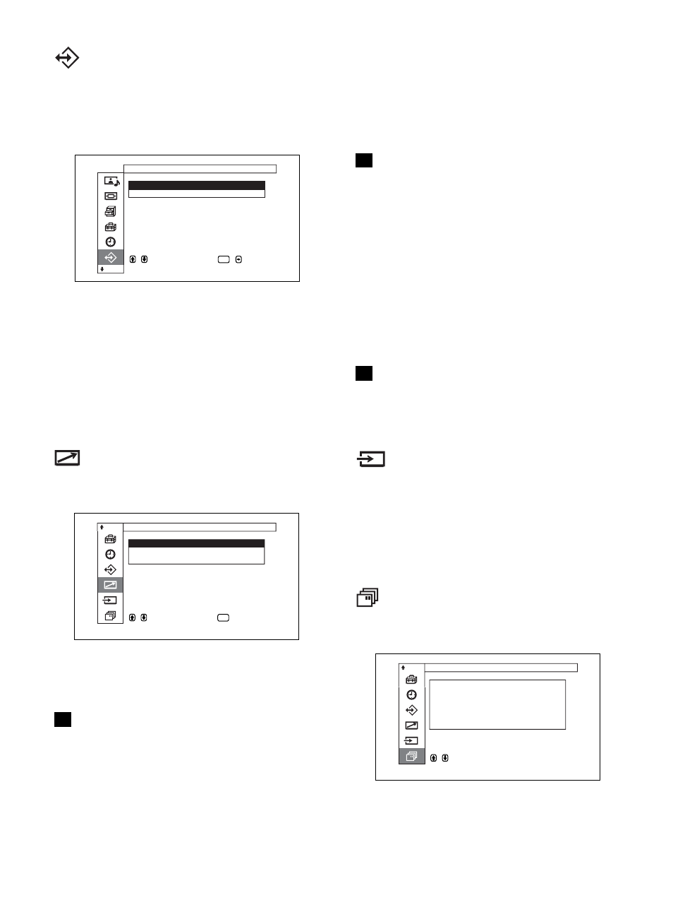 Input select menu（输入选择 菜单, Unit status（显示器状态）菜单, Remote（遥控）菜单 | 改变遥控器模式时，请使用显示器上的键。无法用 遥控器上的键改变遥控器模式, 拔下交流电源线或用遥控器打开／关闭显示器时此 项目的设定仍然保留, 此菜单用于切换输入信号, 此菜单用于显示显示器的内部状态, Model name（机型名称） 指出机型名称, Load（调用） 调用预先设定。 save（保存） 保存设定, 此菜单用于遥控设定 | Sony PFM-32C1 User Manual | Page 318 / 348