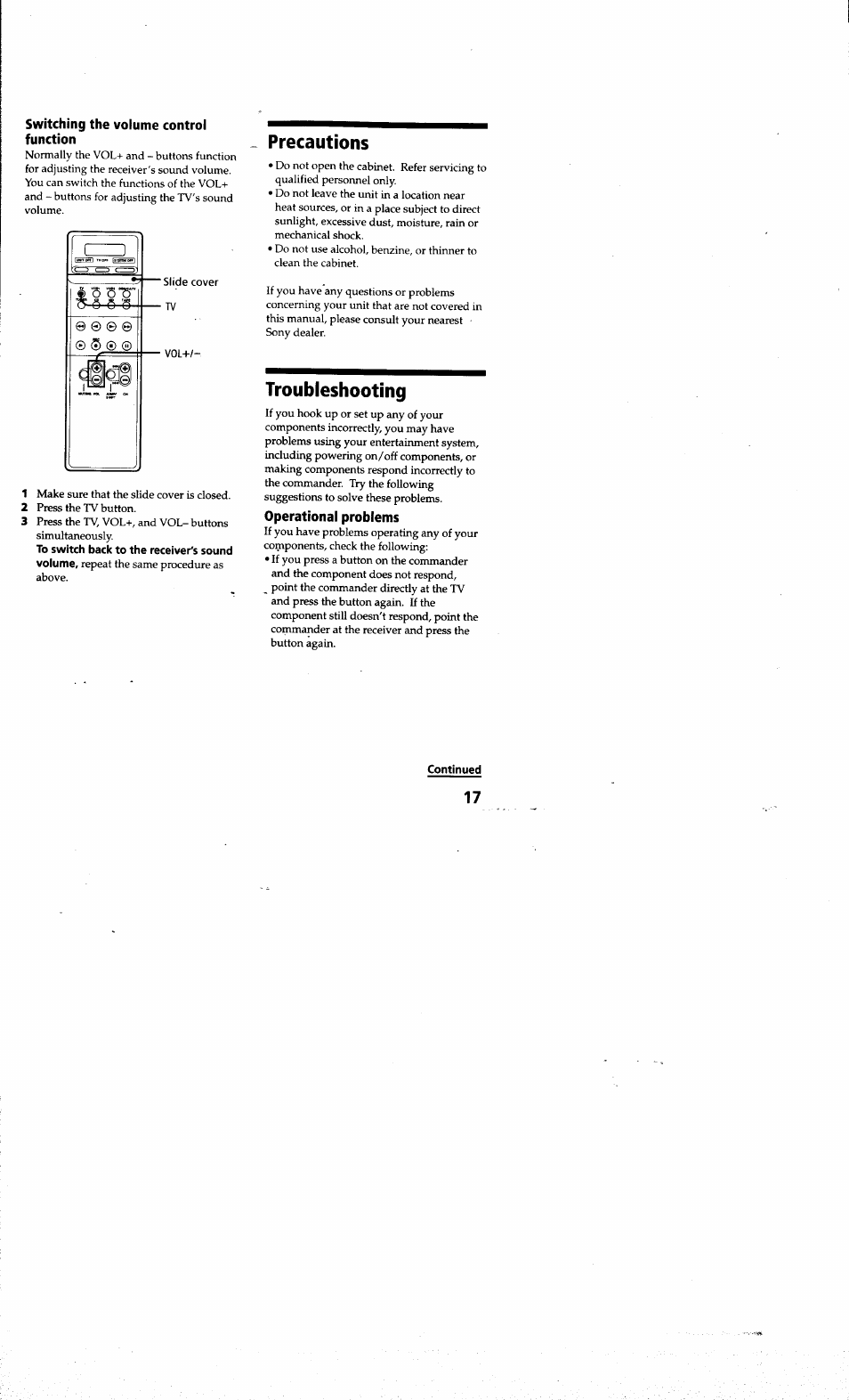 Switching the volume controi function, Operational problems, Continued | Precautions, Troubleshooting | Sony RM-SC200 User Manual | Page 17 / 18