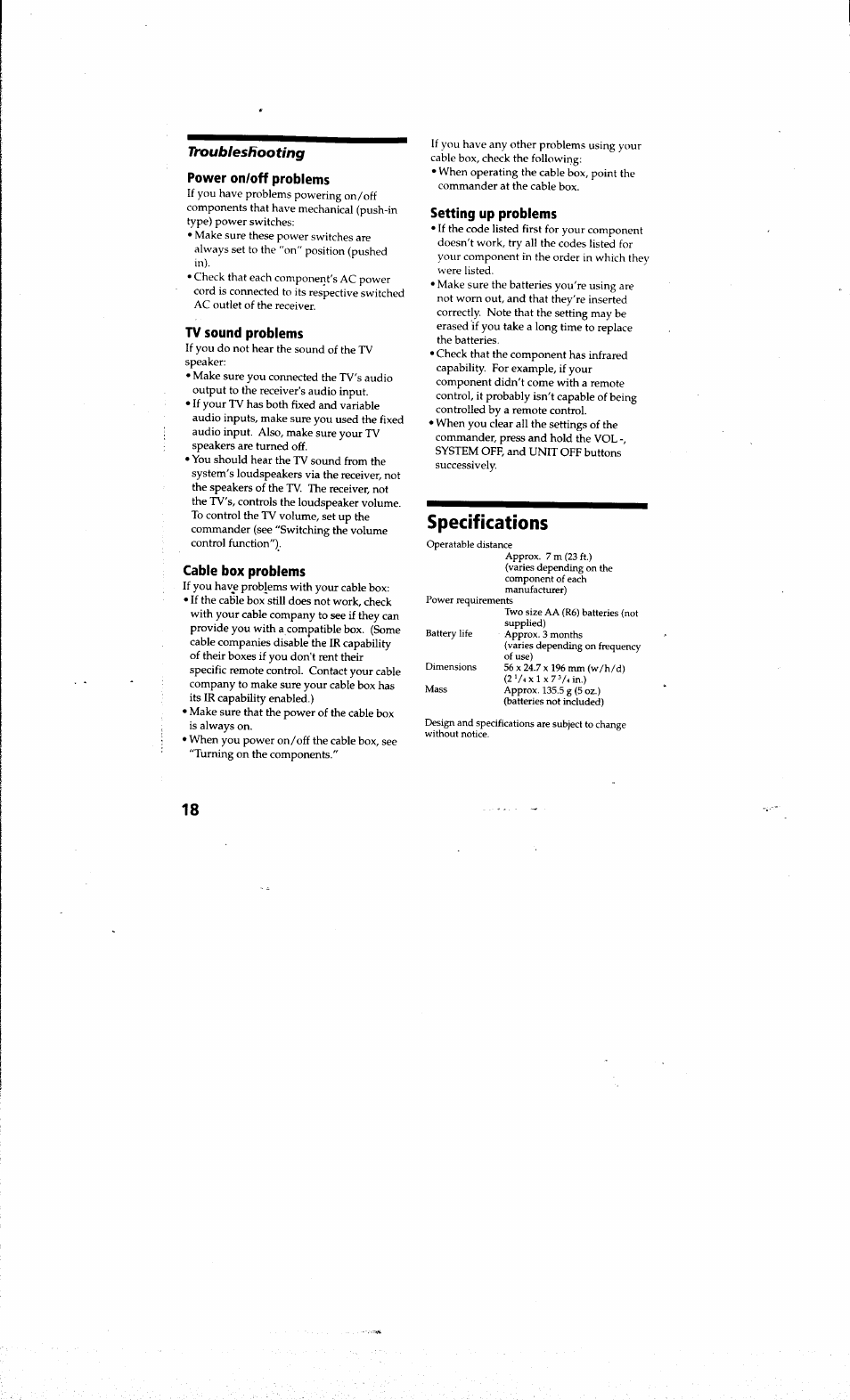 Ttoublesfiooting power on/off problems, Tv sound problems, Cable box problems | Setting up problems, Specifications, Ttoublesfiooting | Sony RM-SC200 User Manual | Page 18 / 18