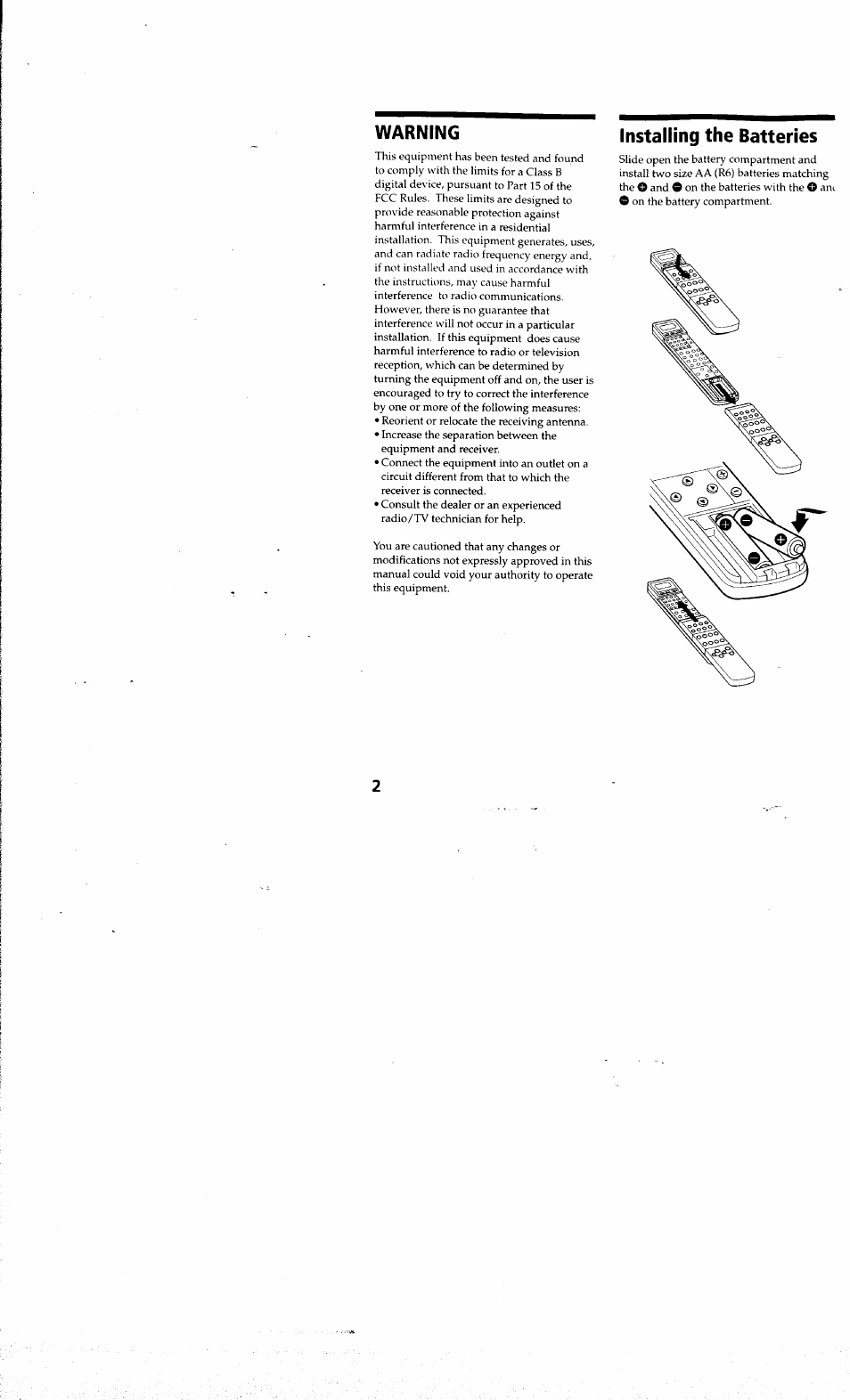 Warning, Installing the batteries | Sony RM-SC200 User Manual | Page 2 / 18