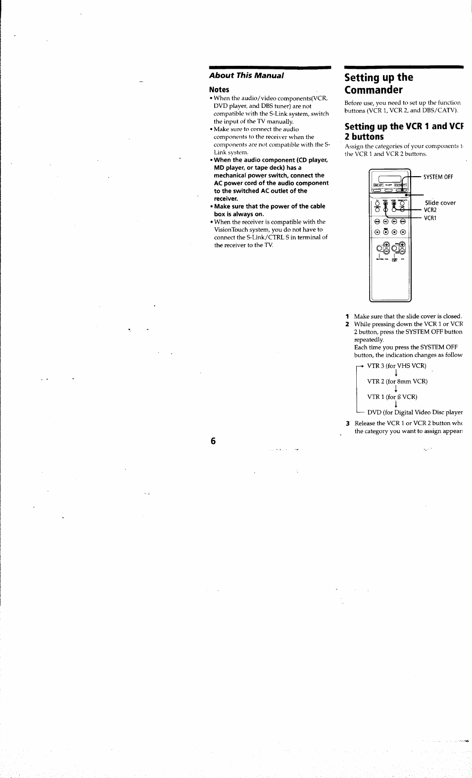 Setting up the vcr 1 and vcf 2 buttons, Setting up the commander | Sony RM-SC200 User Manual | Page 6 / 18