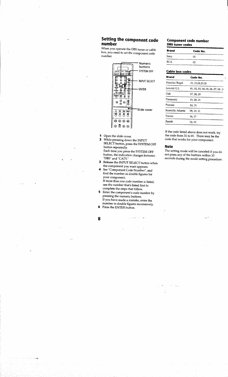 Setting the component code number, Component code number, Note | Sony RM-SC200 User Manual | Page 8 / 18