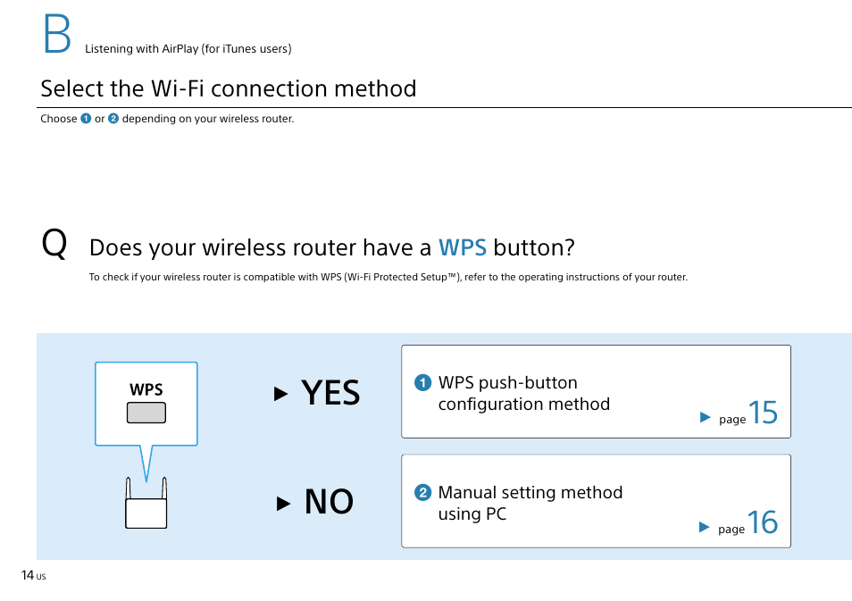 Select the wi-fi connection method, Does your wireless router have a wps button | Sony SRS-X9 User Manual | Page 14 / 68