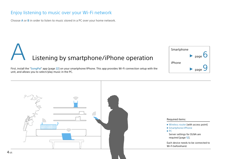 Listening by smartphone/iphone operation, Enjoy listening to music over your wi-fi network | Sony SRS-X9 User Manual | Page 4 / 68