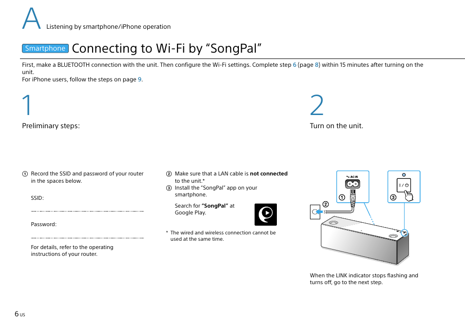 Connecting to wi-fi by “songpal | Sony SRS-X9 User Manual | Page 6 / 68