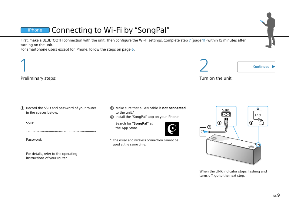 Connecting to wi-fi by “songpal | Sony SRS-X9 User Manual | Page 9 / 68