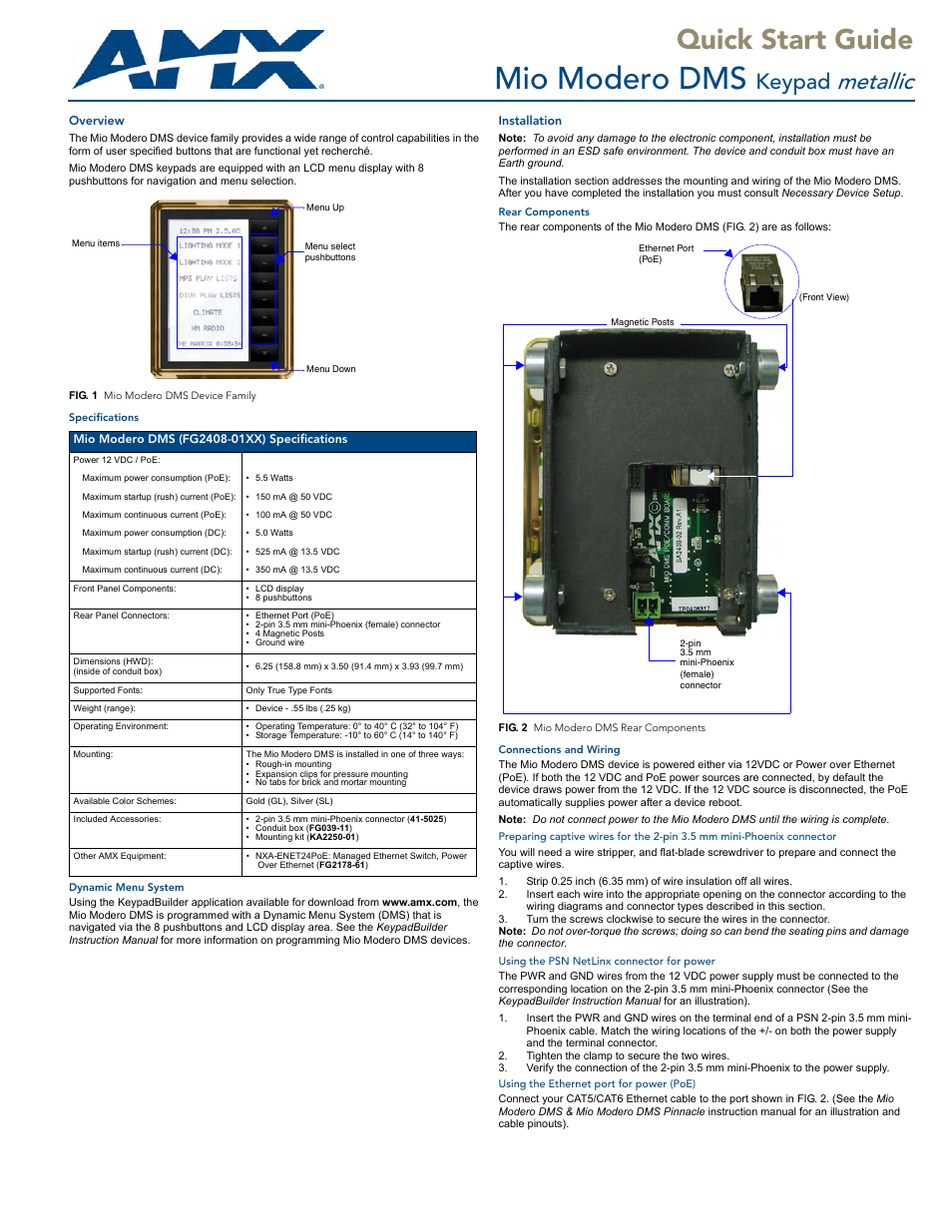 AMX Mio Modero DMS (FG2408-01XX) User Manual | 2 pages