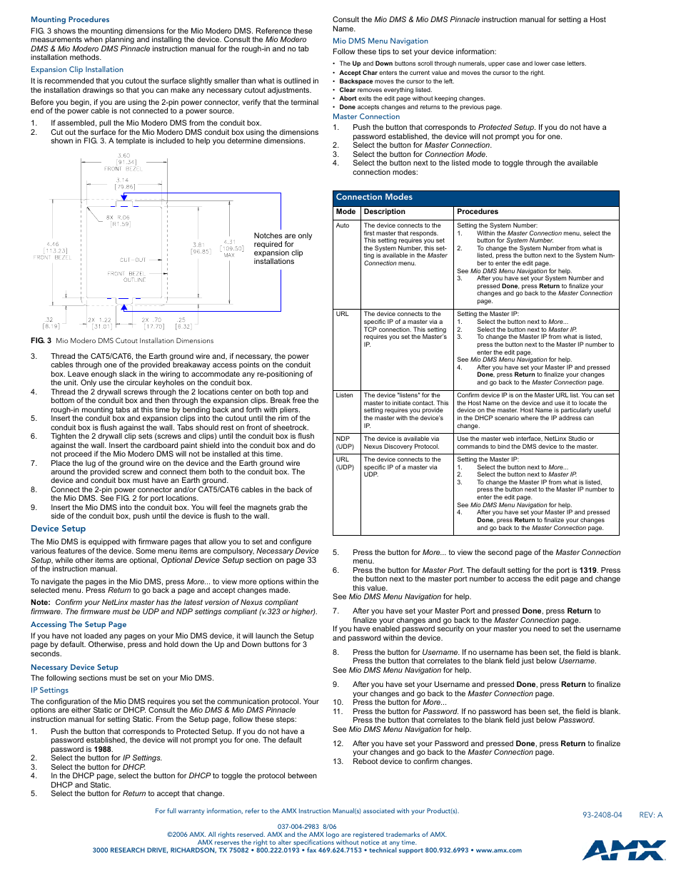 Mounting procedures, Expansion clip installation, Device setup | Necessary device setup, Ip settings, Mio dms menu navigation, Master connection | AMX Mio Modero DMS (FG2408-01XX) User Manual | Page 2 / 2