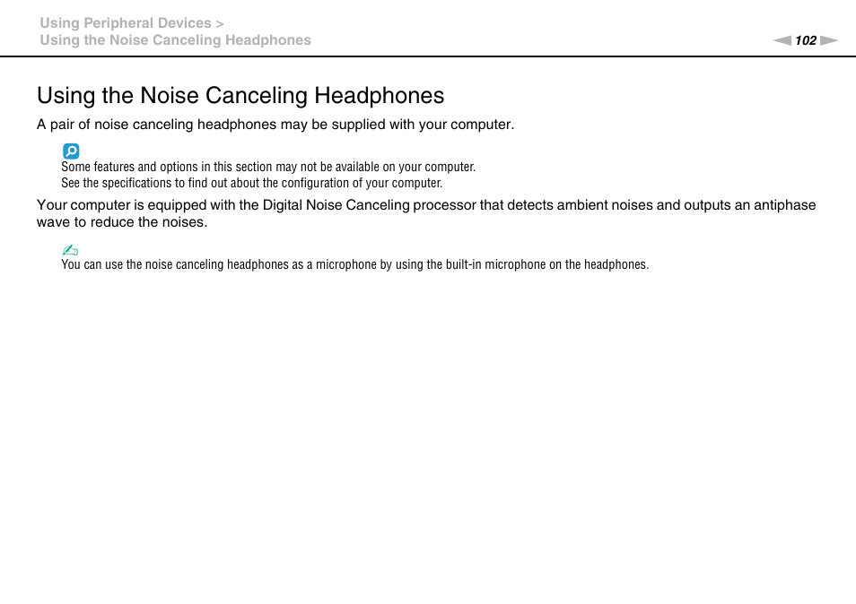 Using the noise canceling headphones | Sony VPCZ22SHX User Manual | Page 102 / 215