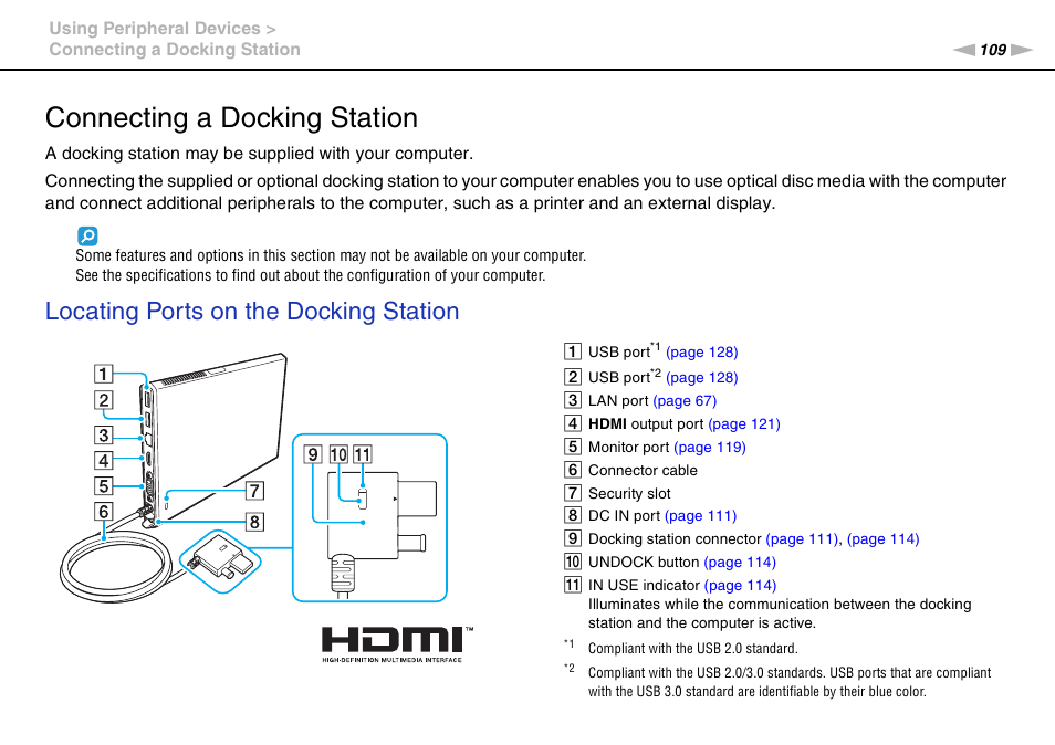 Connecting a docking station, Locating ports on the docking station | Sony VPCZ22SHX User Manual | Page 109 / 215