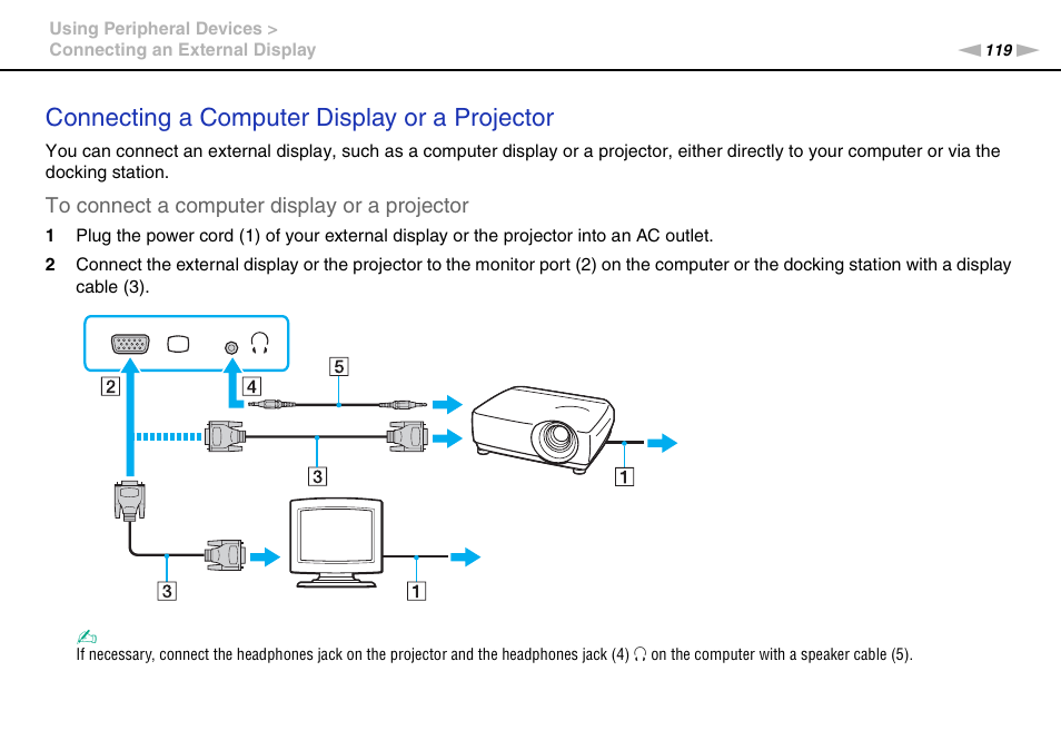 Connecting a computer display or a projector | Sony VPCZ22SHX User Manual | Page 119 / 215