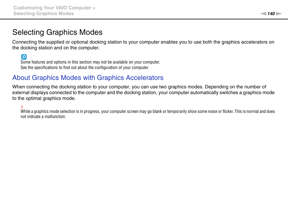 Selecting graphics modes, About graphics modes with graphics accelerators | Sony VPCZ22SHX User Manual | Page 140 / 215