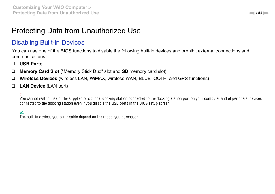 Protecting data from unauthorized use, Disabling built-in devices | Sony VPCZ22SHX User Manual | Page 143 / 215