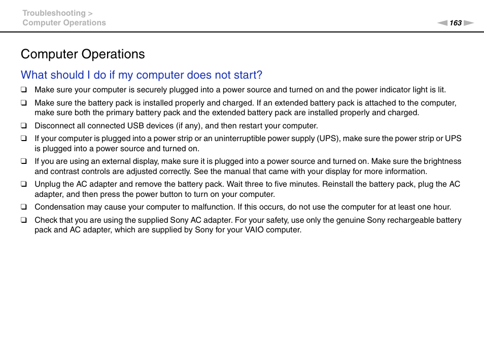 Computer operations, What should i do if my computer does not start | Sony VPCZ22SHX User Manual | Page 163 / 215