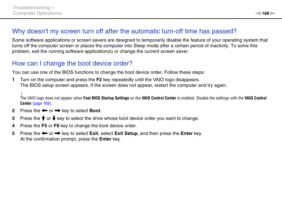 How can i change the boot device order | Sony VPCZ22SHX User Manual | Page 168 / 215