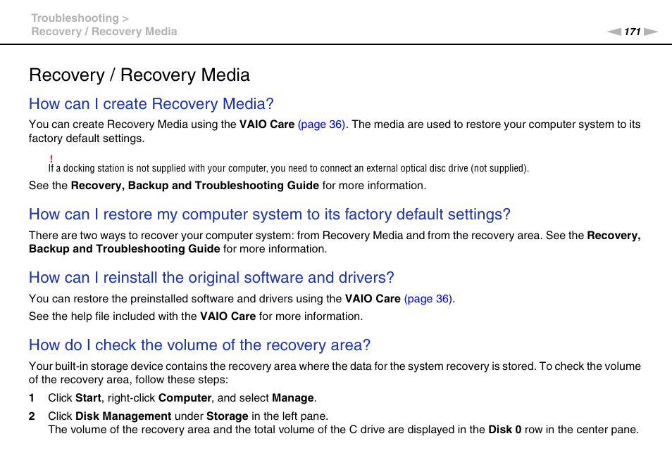 Recovery / recovery media, How can i create recovery media, How do i check the volume of the recovery area | Sony VPCZ22SHX User Manual | Page 171 / 215