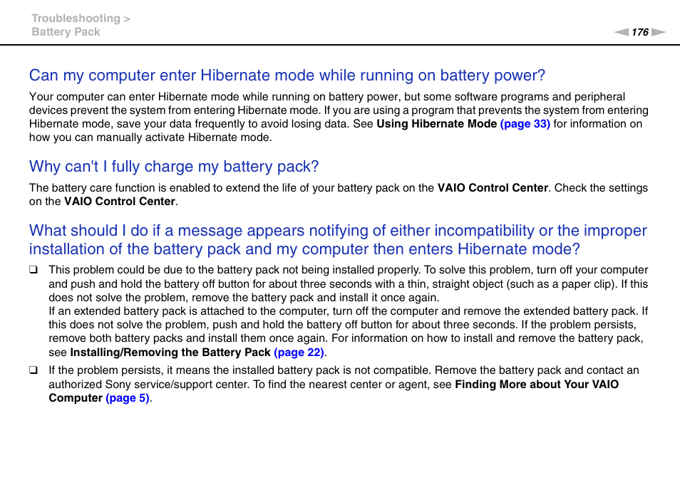 Why can't i fully charge my battery pack | Sony VPCZ22SHX User Manual | Page 176 / 215