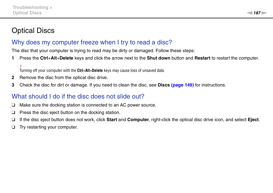 Optical discs, What should i do if the disc does not slide out | Sony VPCZ22SHX User Manual | Page 187 / 215