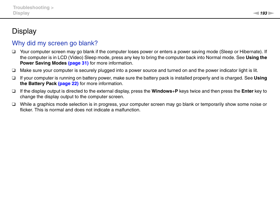 Display, Why did my screen go blank | Sony VPCZ22SHX User Manual | Page 193 / 215