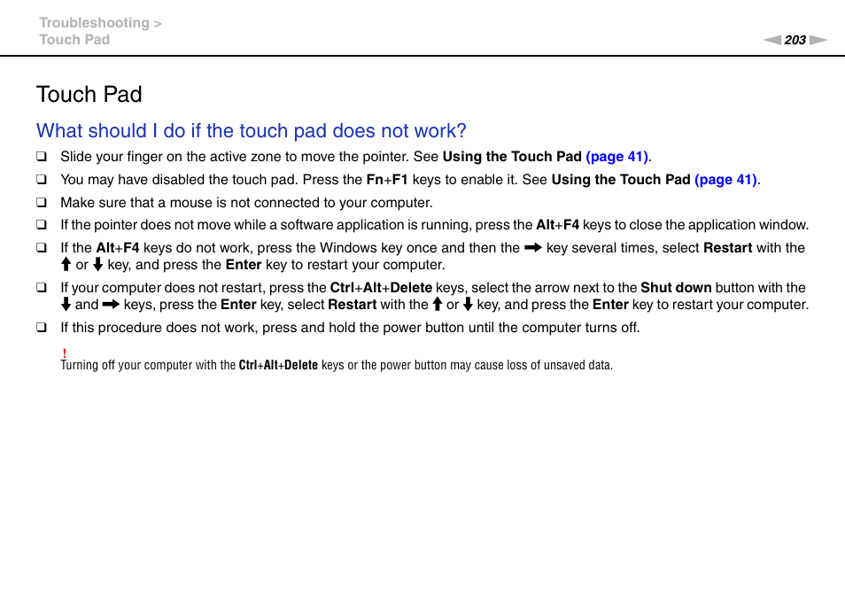 Touch pad, What should i do if the touch pad does not work | Sony VPCZ22SHX User Manual | Page 203 / 215
