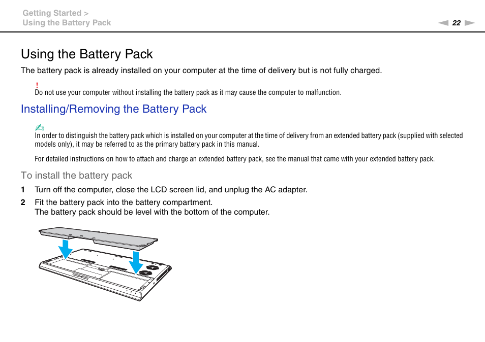 Using the battery pack, Installing/removing the battery pack | Sony VPCZ22SHX User Manual | Page 22 / 215