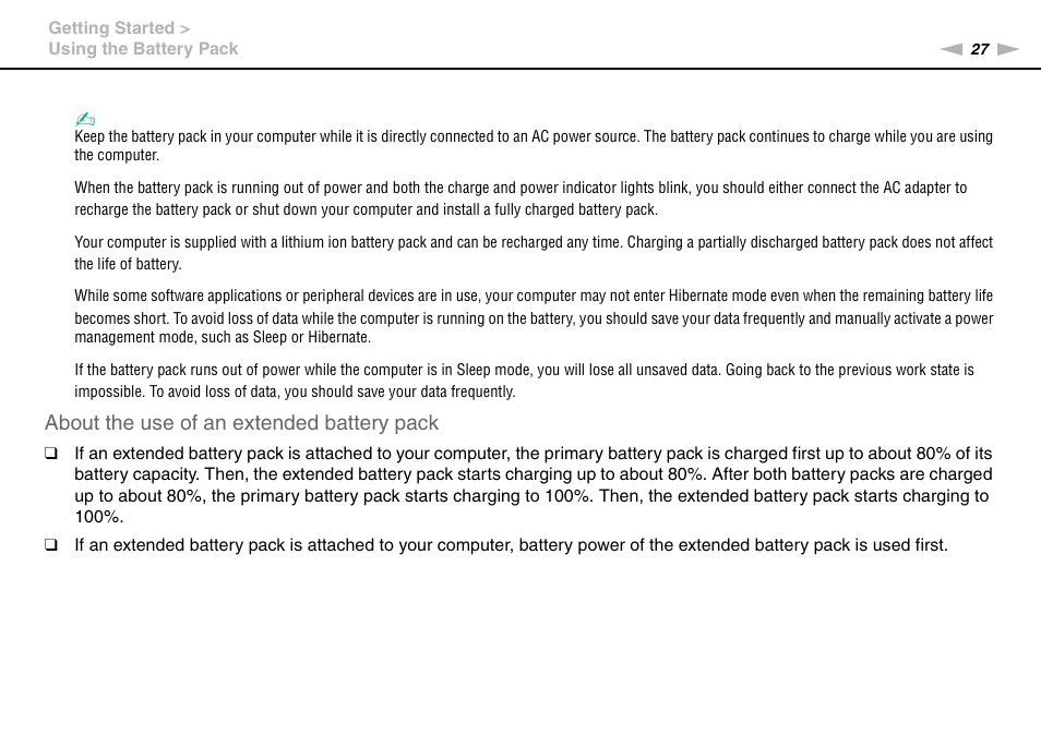 About the use of an extended battery pack | Sony VPCZ22SHX User Manual | Page 27 / 215