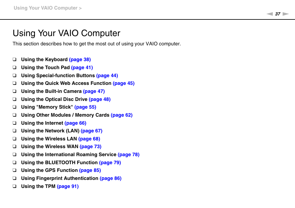 Using your vaio computer | Sony VPCZ22SHX User Manual | Page 37 / 215