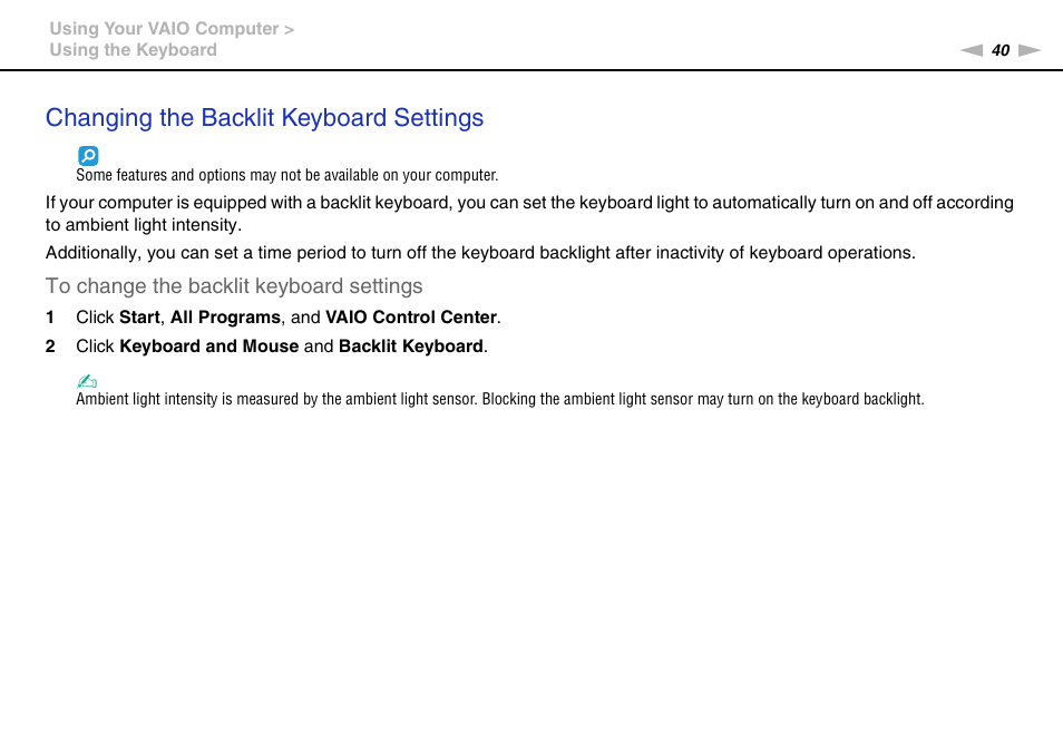 Changing the backlit keyboard settings | Sony VPCZ22SHX User Manual | Page 40 / 215