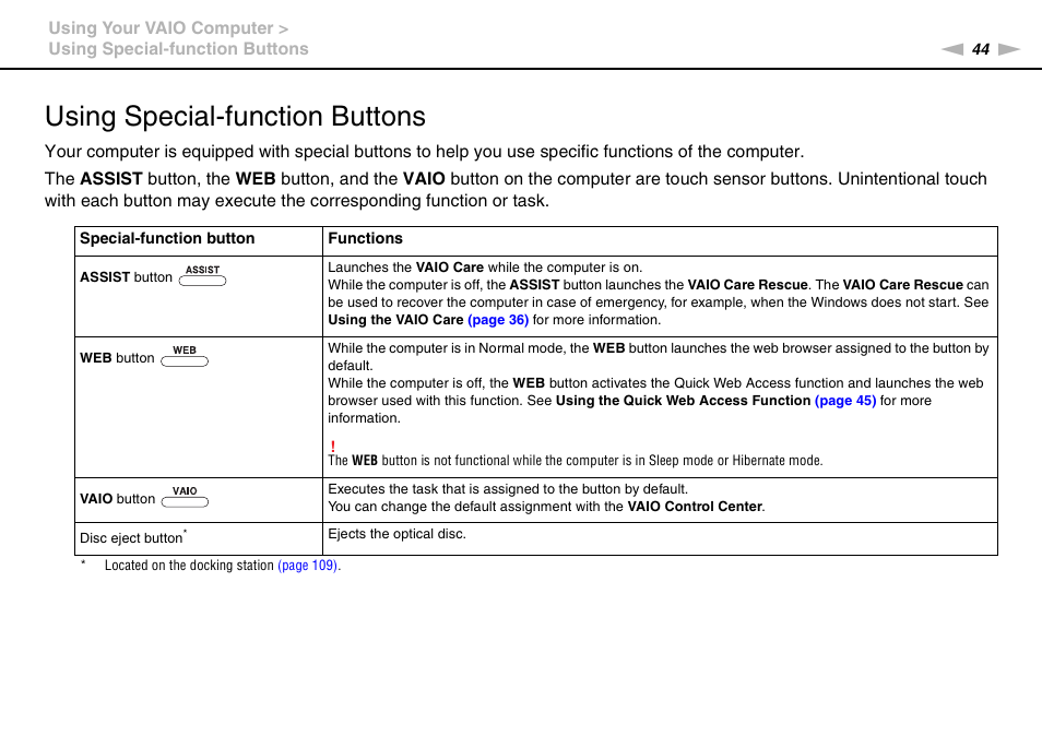 Using special-function buttons | Sony VPCZ22SHX User Manual | Page 44 / 215