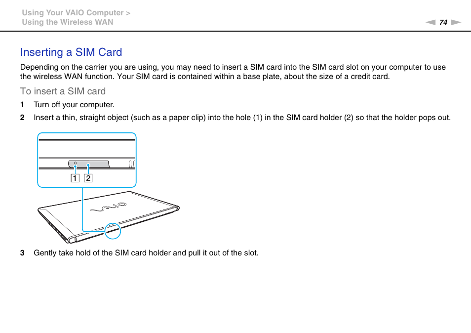 Inserting a sim card | Sony VPCZ22SHX User Manual | Page 74 / 215