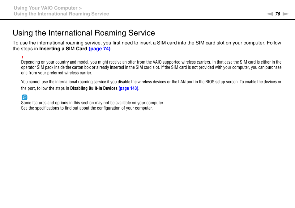 Using the international roaming service | Sony VPCZ22SHX User Manual | Page 78 / 215