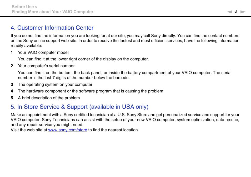Customer information center | Sony VPCZ22SHX User Manual | Page 8 / 215
