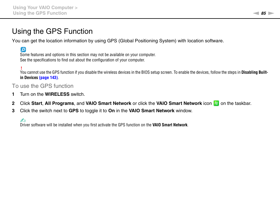 Using the gps function | Sony VPCZ22SHX User Manual | Page 85 / 215