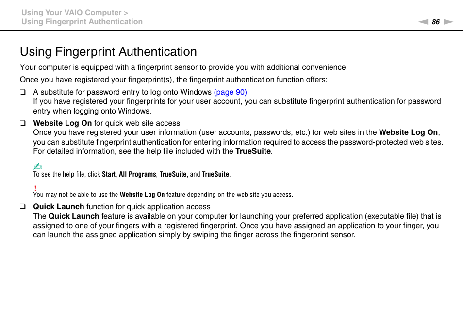 Using fingerprint authentication | Sony VPCZ22SHX User Manual | Page 86 / 215