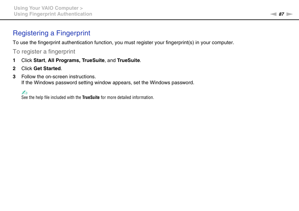 Registering a fingerprint | Sony VPCZ22SHX User Manual | Page 87 / 215