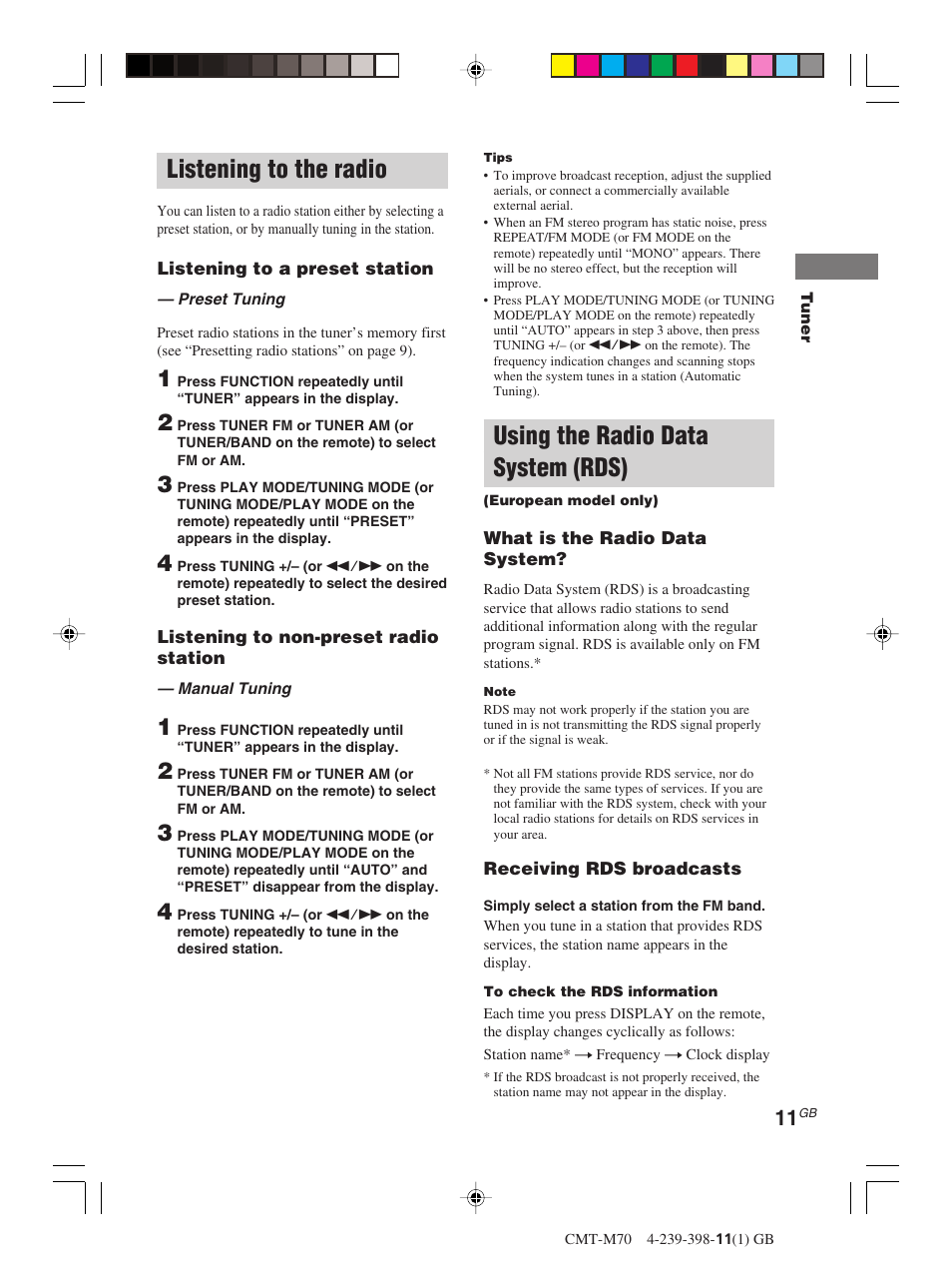 Listening to the radio, Using the radio data system (rds) | Sony CMT-M70 User Manual | Page 11 / 24