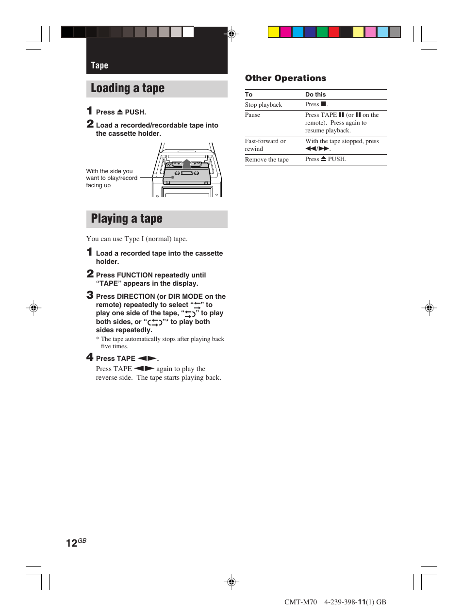 Tape, Loading a tape, Playing a tape | Sony CMT-M70 User Manual | Page 12 / 24