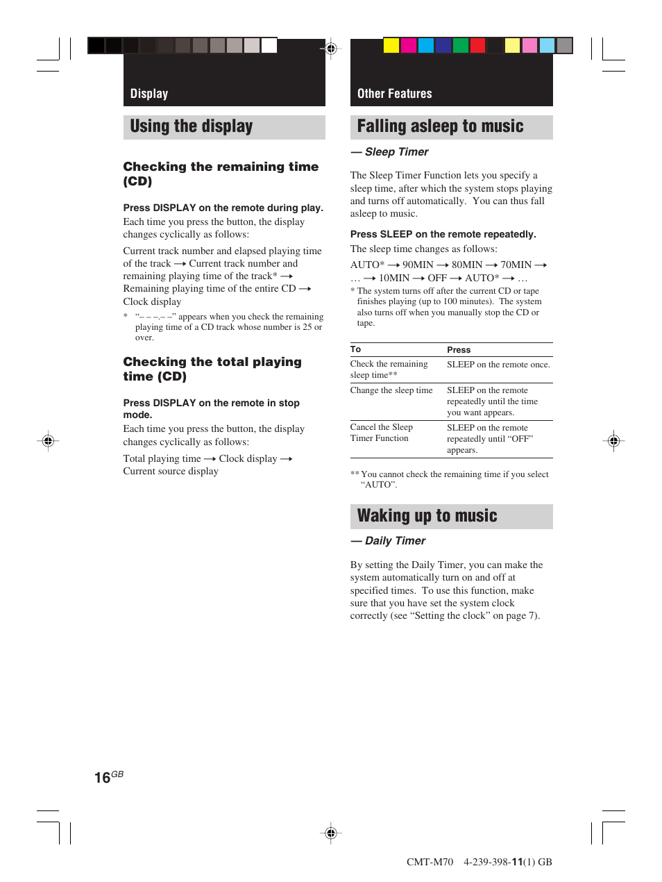 Display, Using the display, Other features | Falling asleep to music, Waking up to music | Sony CMT-M70 User Manual | Page 16 / 24