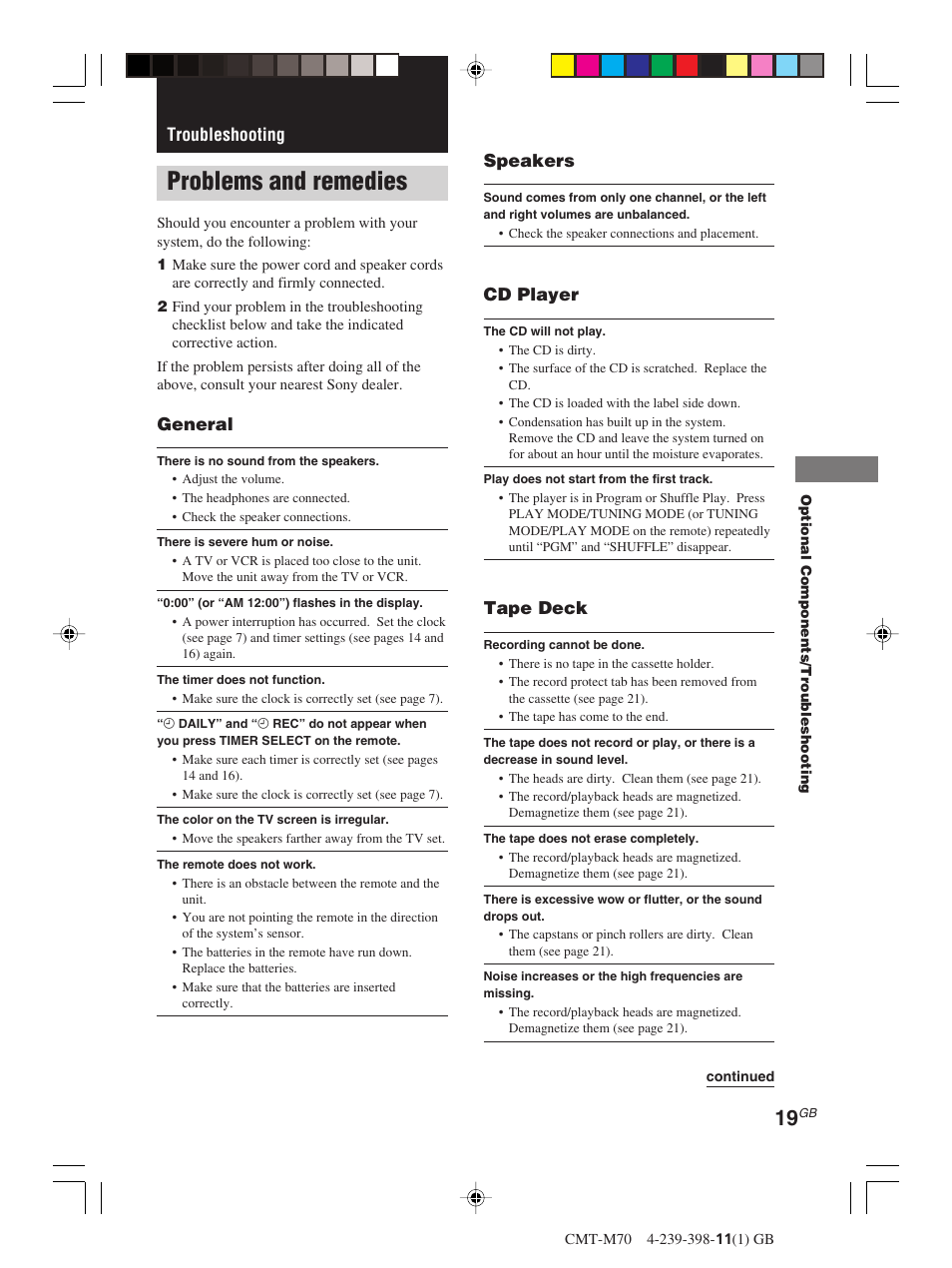 Troubleshooting, Problems and remedies, General | Speakers, Cd player, Tape deck | Sony CMT-M70 User Manual | Page 19 / 24