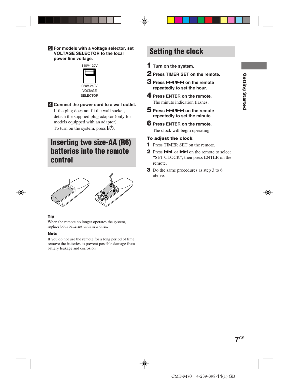 Setting the clock | Sony CMT-M70 User Manual | Page 7 / 24